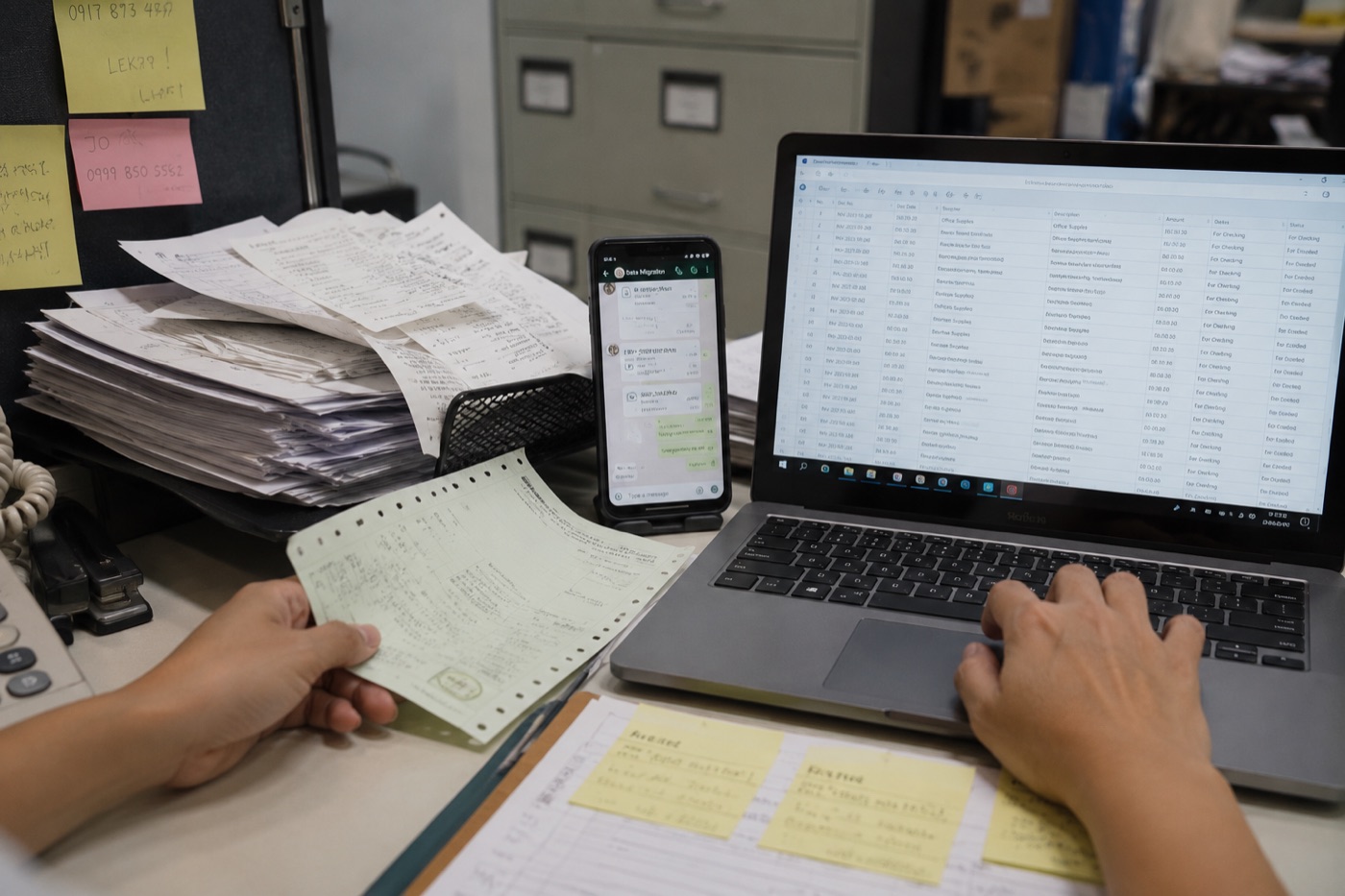 Data migration at a back office desk: paper invoices and delivery receipts encoded into structured records on a laptop