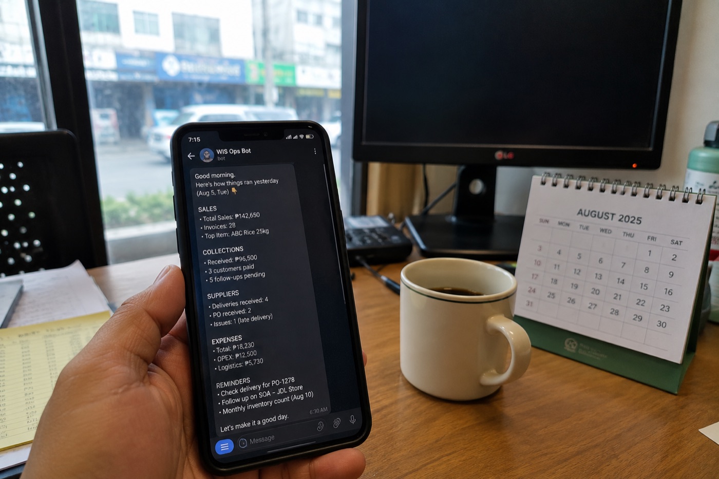 A business owner's morning check: phone showing the daily operational summary from the ops bot